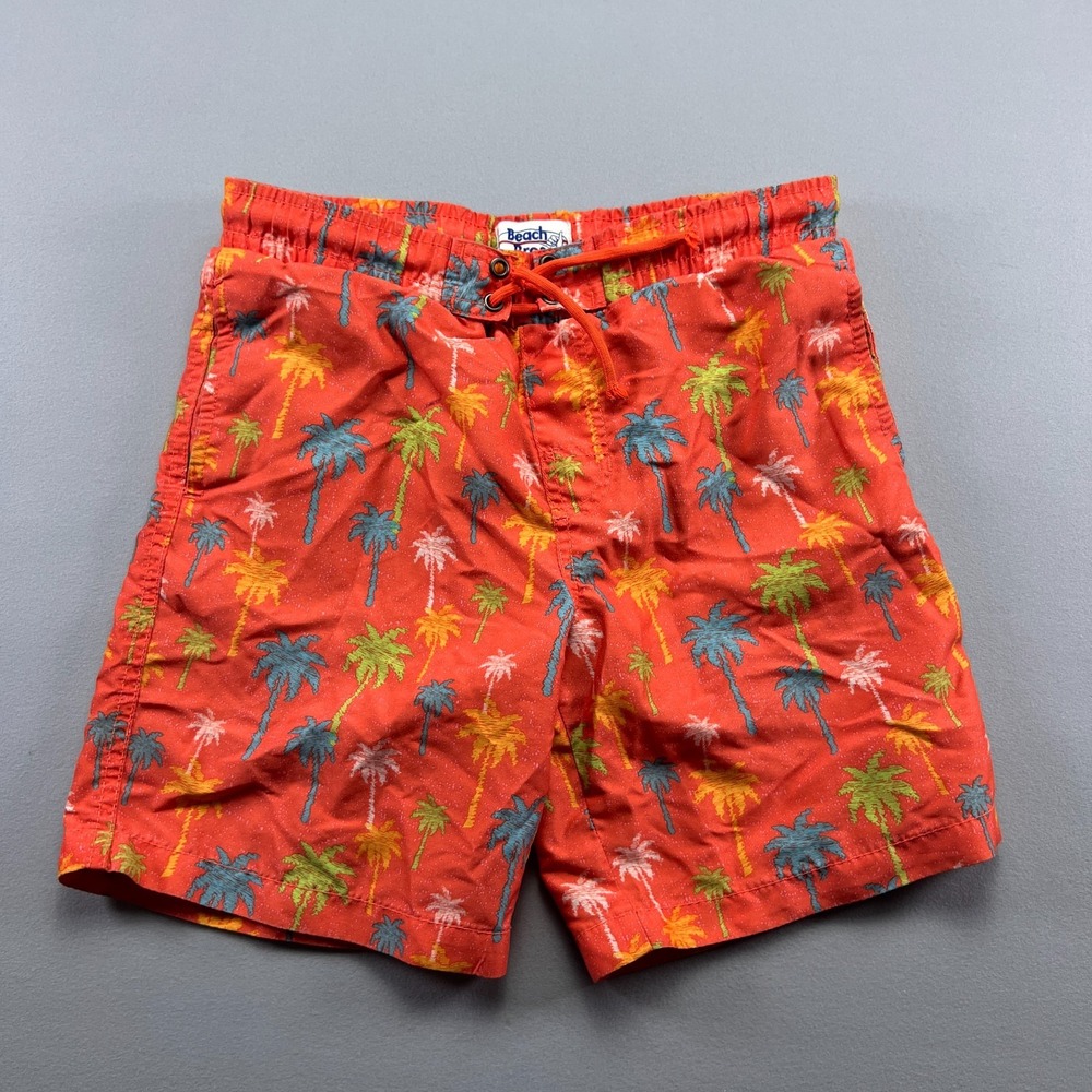 Beach Bros. Swim Trunk Shorts Kid 12 Coral Palm Tree Mesh Lined Drawstring Waist